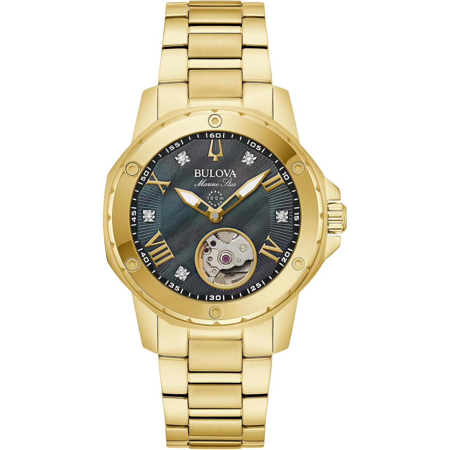 Bulova Ladies Automatic Marine Star, Gold-Tone Stainless Steel Case & Bracelet With Mother-Of-Pearl Dial (Style: 97P171)