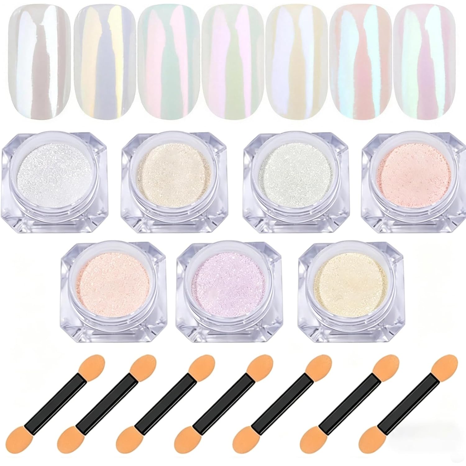 7 Colors Chrome Nail Powder Set, Nail Chrome Bulk,White Pearl Iridescent Aurora Metallic Mirror Effect Dip Nail Powder Kit, Gel Polish Holographic Mermaid Pigment, Resin Craft,Nails Art Gift for Women