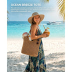 Crochet Beach Bags For Women, Reinforced Strap Woven Tote Bag With Zipper, Lined Boho Summer Vacation Travel Purse
