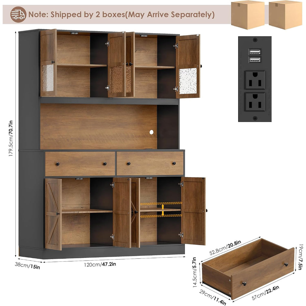 71" Pantry Cabinet With Led Light And Charging Station, Farmhouse Kitchen Pantry Cabinet With Microwave Stand, 47.2" Wide Kitchen Hutch Food Pantry With Open Countertop, Black/Brown