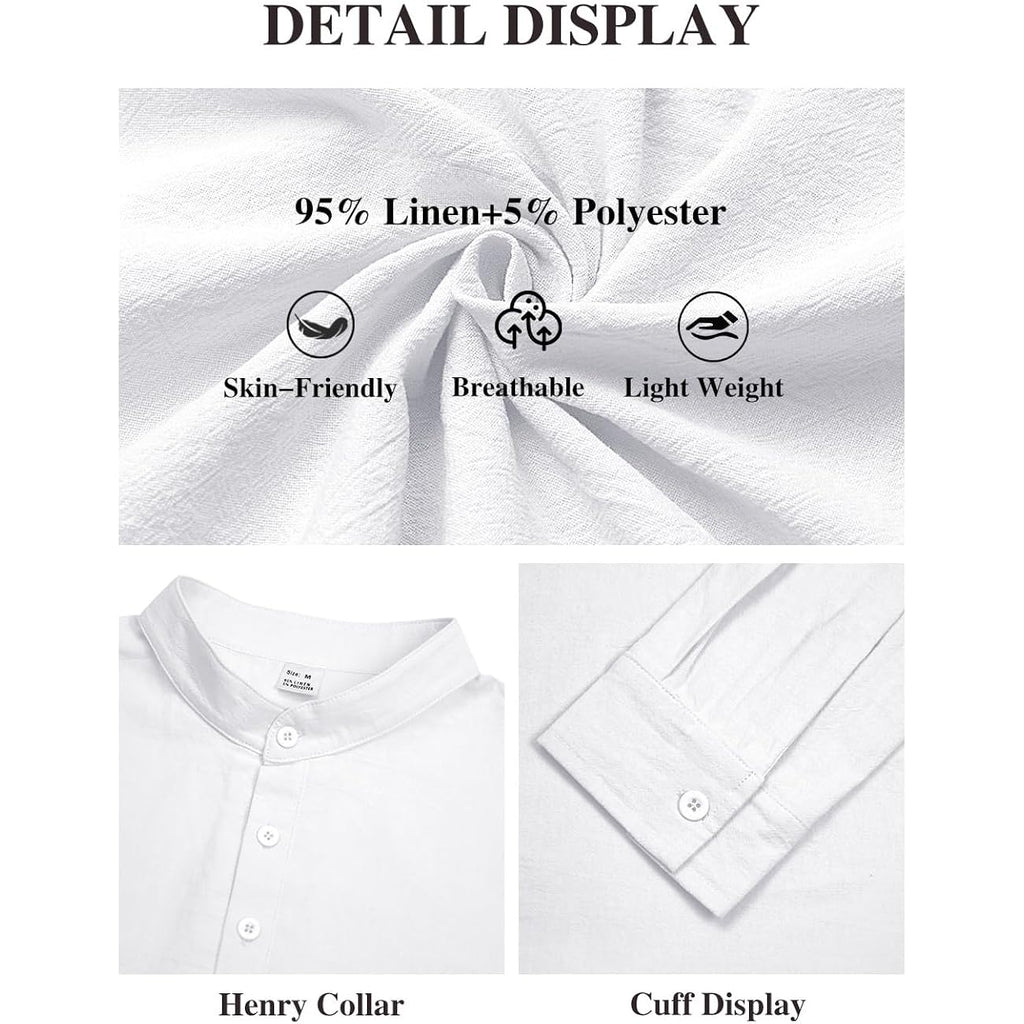 Men'S Linen Shirts Henley T-Shirts Long Sleeve Casual Beach T-Shirts Solid Tops Shirts For Men