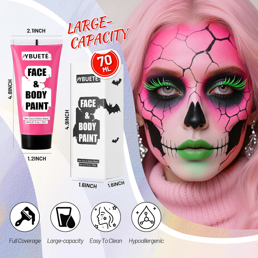 Ybuete Pink Water Based Face Body Paint, 2.37 Oz Large Tube Full Coverage Face Paint For Skull Clown Cosplay, Washable Pink Body Painting Cream For Adult Carnival Party Halloween Sfx Makeup