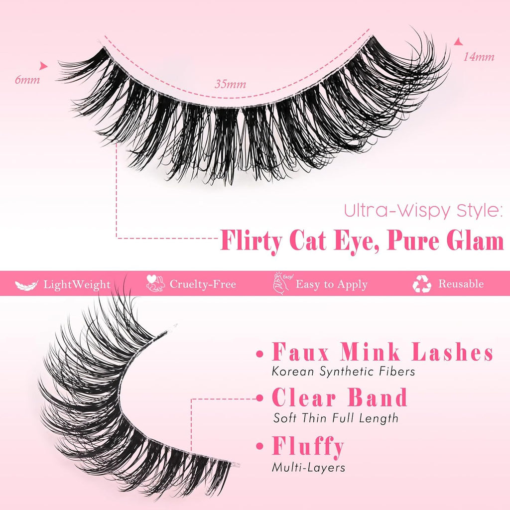 Lashes False Eyelashes Cat Eye Fake Lash Strips Natural Wispy Eyelash Pack Short Mink Cateye Strip Lashes Natural Look Clear Band Demi Wispies Pestañas Postizas For Daily Makeup And Beginners