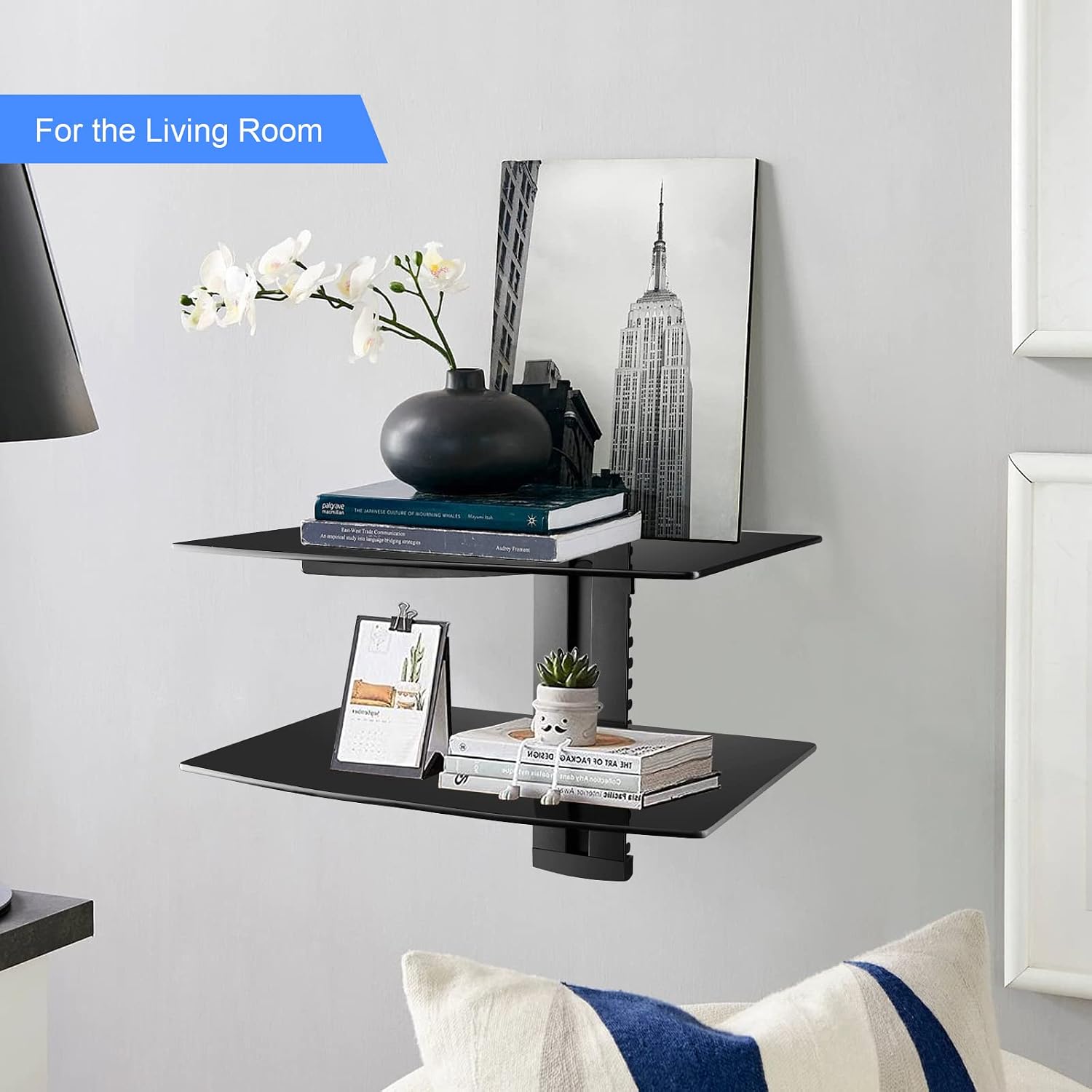 Suptek Glass Floating Shelves, Tv Wall Mount With Shelf For Dvd Player / Ps4 / Cable Boxes/Game Consoles/Sky Box/Tv Accessories, Flat Black 2-Tier Wall Mount Bracket