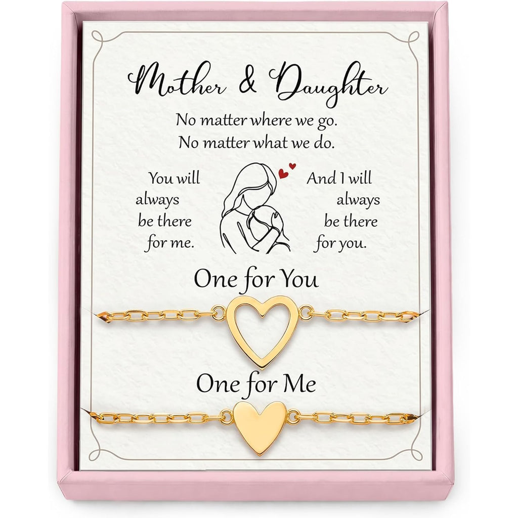 SUCHAGIFT Mother Daughter Bracelets Set for 2 - Mothers Day, Birthday Gifts for Mom from Daughter - Bracelet for Mom - 14K Gold Plated Stainless Steel Matching Heart Bracelets