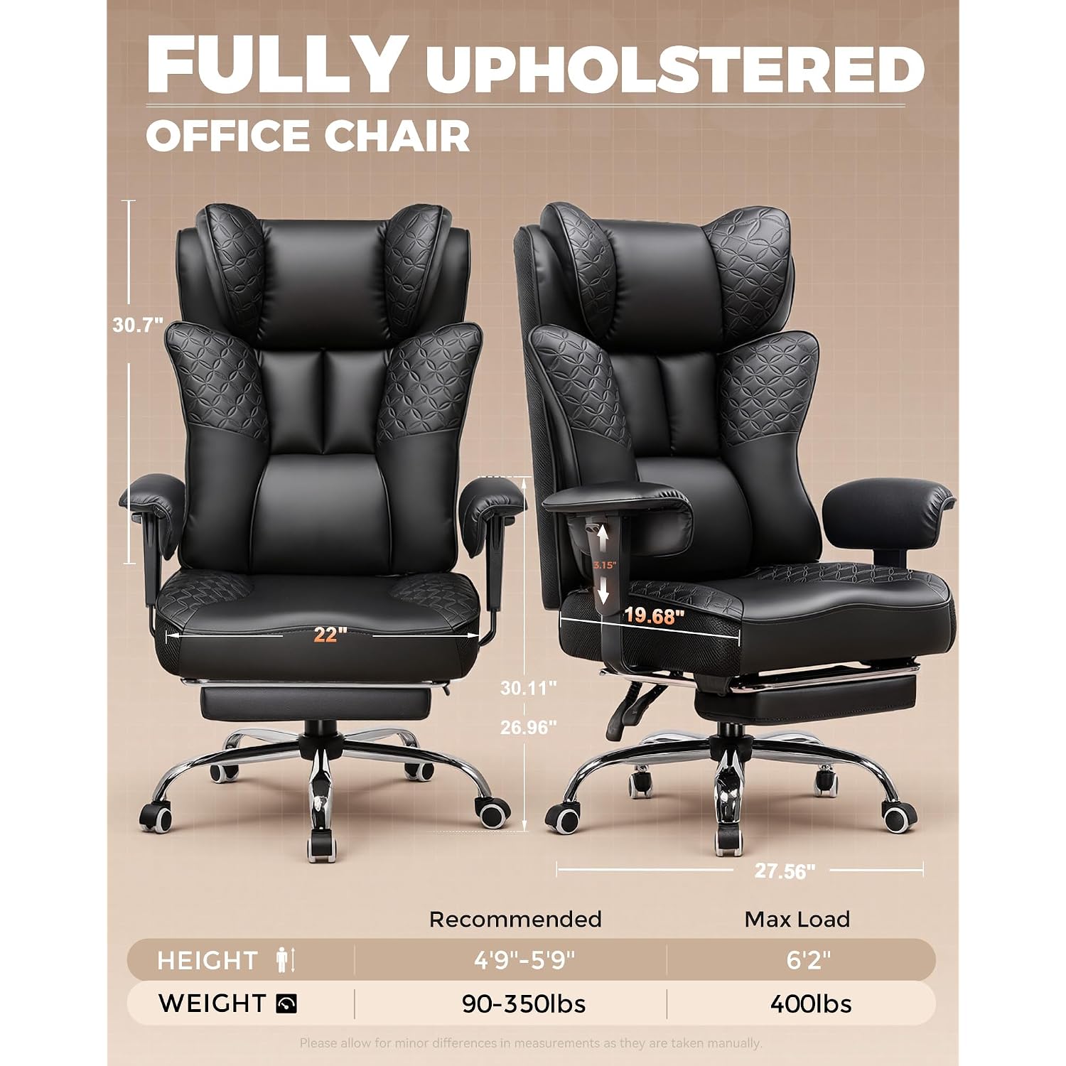 Gtplayer Big And Tall Office Chair Wide Ergonomic Gaming Chair With Deluxe Embossing Designed Leather With Foot Rest,150°Reclining Adjustable Soft Armrests Pocket Spring Back Support And Pillow