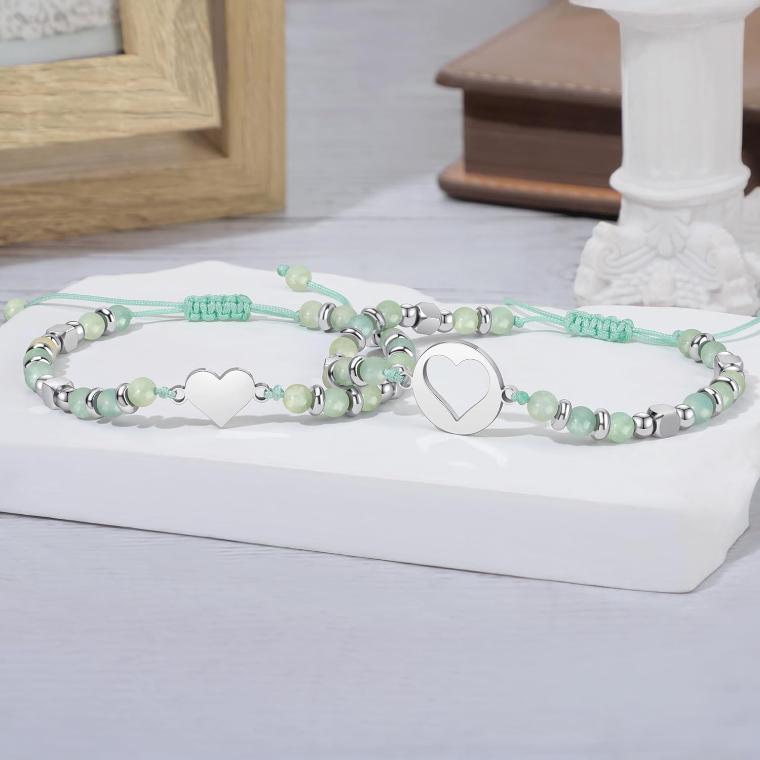 JoycuFF Mother Daughter Bracelets Set, Natural Amazonite Stainless Steel Heart Jewelry for Women, Mothers Day Gifts for Mom/Daughter, Adjustable Matching Bracelets for Mommy and Me Gifts