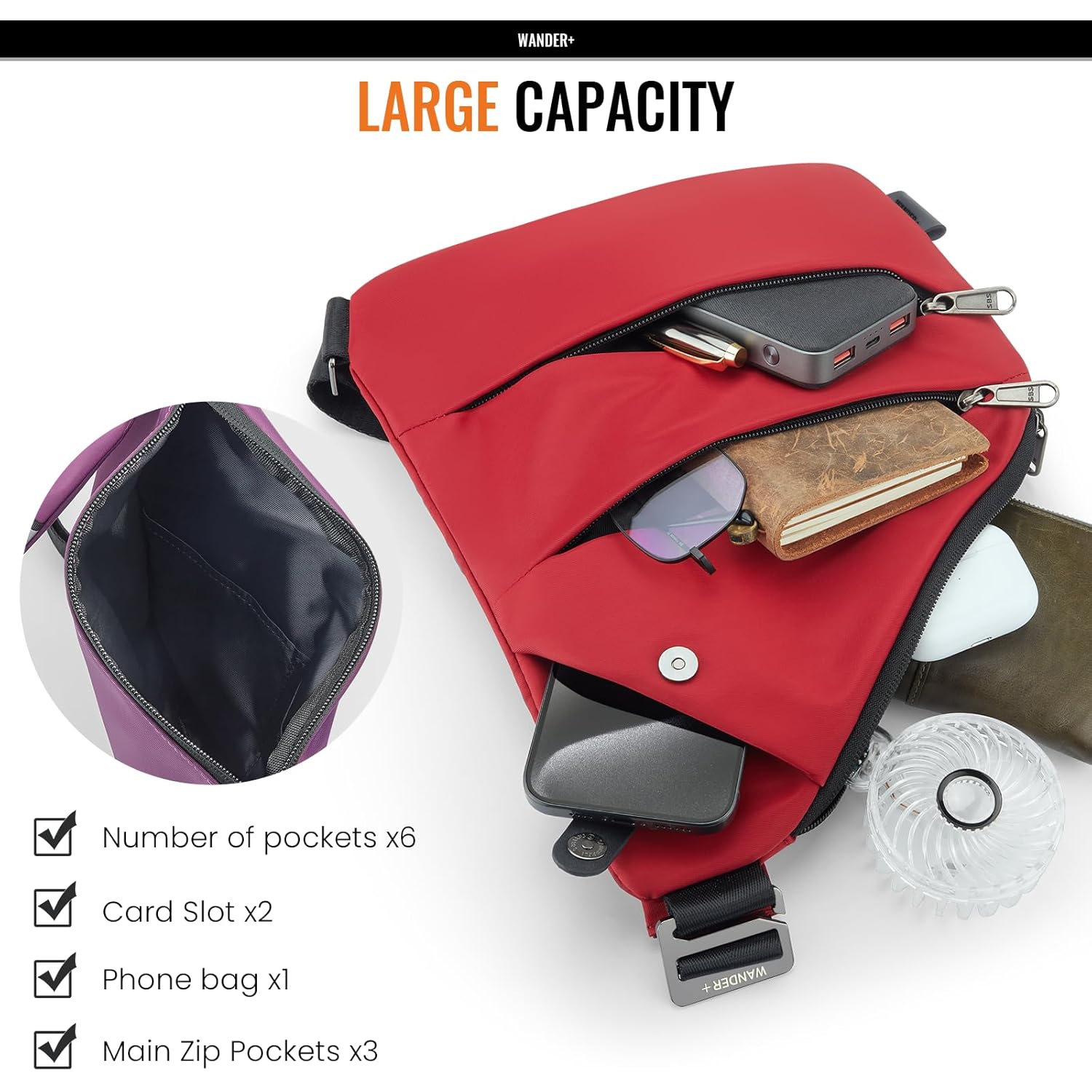 WANDER PLUS® Anti Theft Crossbody Travel Bag for Women Men, Multi-Pocket Crossbody Bag, Slim Sling Bag