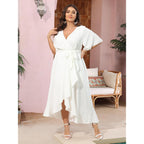 Scomchic Women Plus Size Maxi Dress Short Sleeve Wrap V Neck High Low Split Ruffle Long Dress