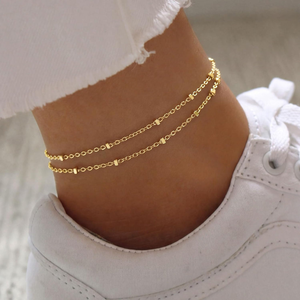 DEARMAY Dainty 14K Gold Plated Ankle Bracelets for Women, Waterproof 14K Gold Plated Link Chain Anklets Non Tarnish Set Pack Summer Beach Jewelry Gift