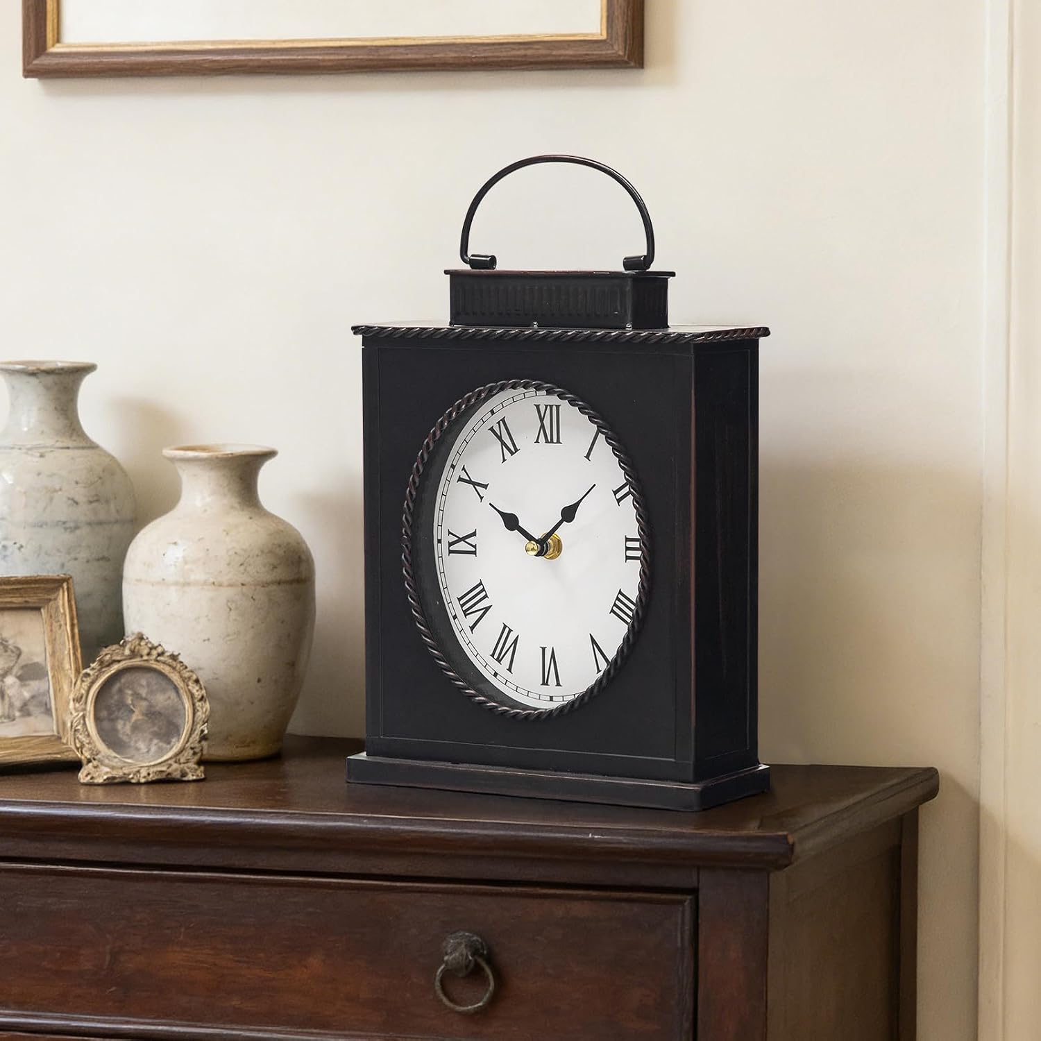 Vintage Mantel Clock, Large Rustic Distressed Metal Table Clock With Handle, Silent Non-Ticking Quartz Movement, Antique Brown Fireplace Shelf Desk Clock For Living Room Bedroom Office