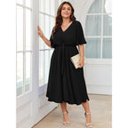 Scomchic Women Plus Size Midi Dresses Wedding Guest Short Sleeve V Neck Tie Waist Casual Summer Flowy A Line Dress