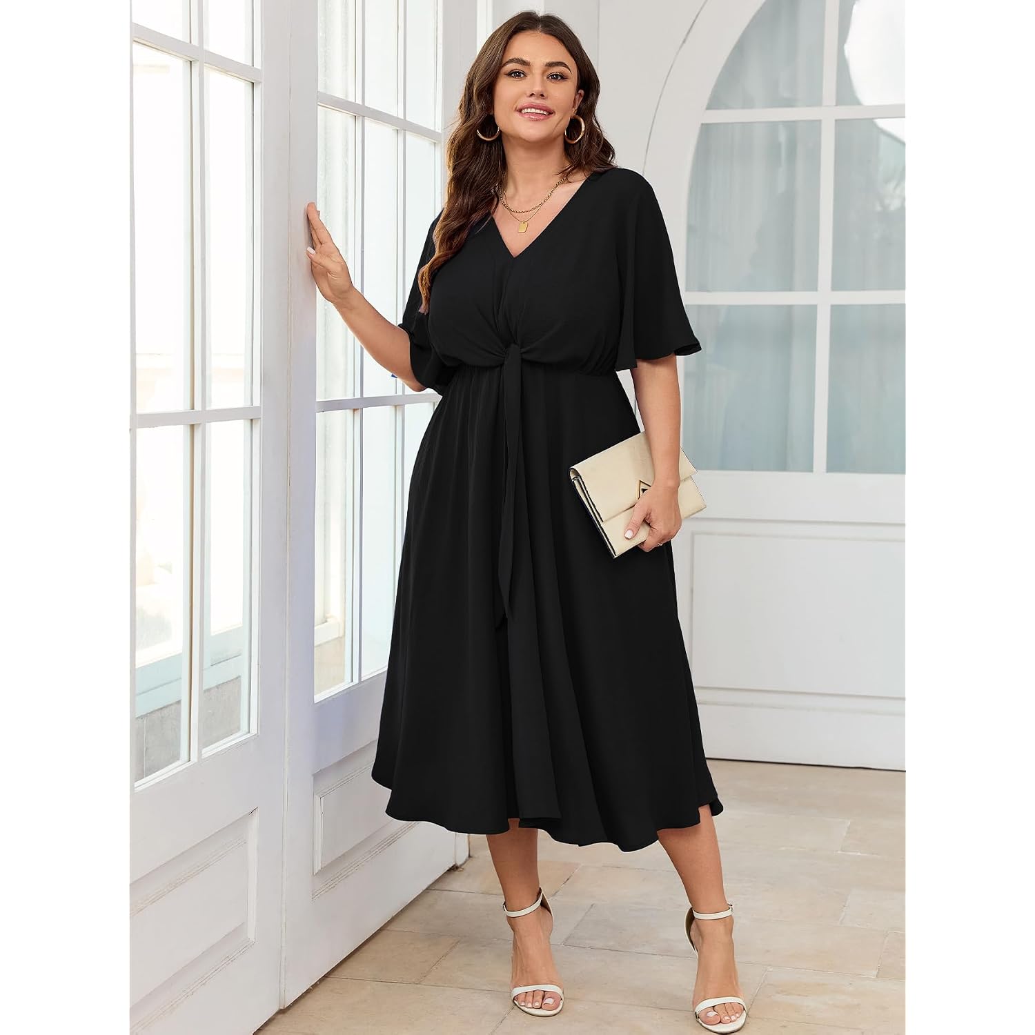 Scomchic Women Plus Size Midi Dresses Wedding Guest Short Sleeve V Neck Tie Waist Casual Summer Flowy A Line Dress
