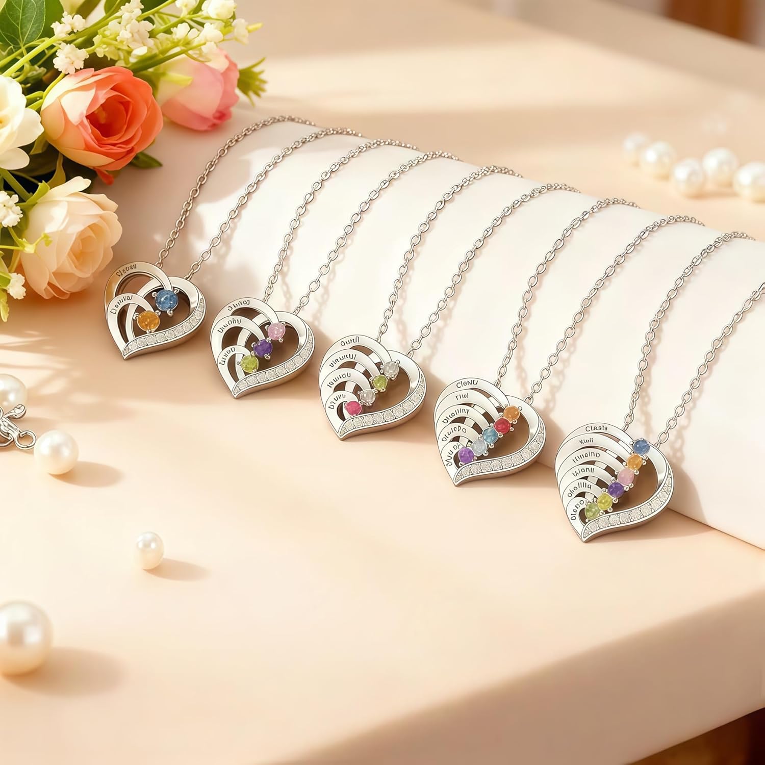 Personalized Name Mothers Necklace with 2-6 Birthstones 925 Sterling Silver Necklace for Women Mothers Day Christmas Gift for Mom Wife Grandma
