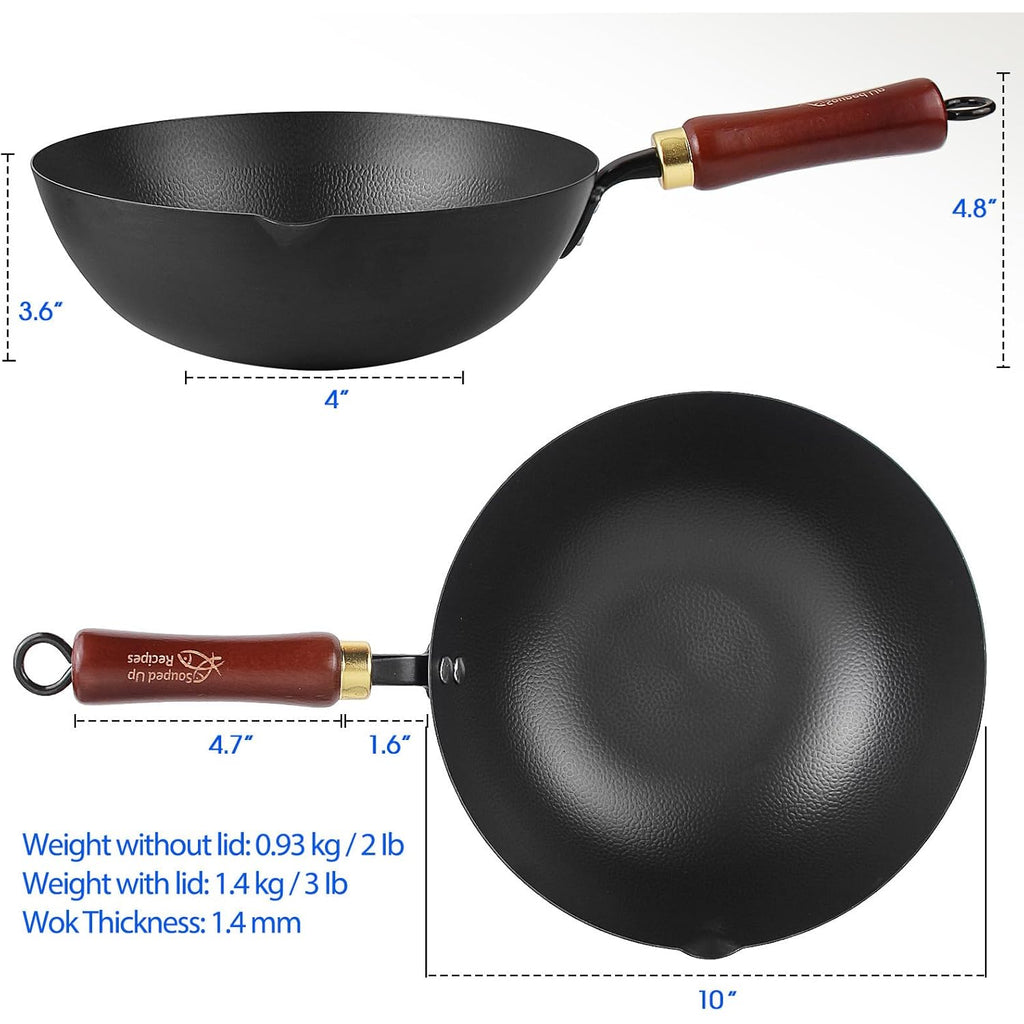 Souped Up Recipes 10 Inch Carbon Steel Wok For Electric, Induction and Gas Stoves (Lid and User Guide Video Included)