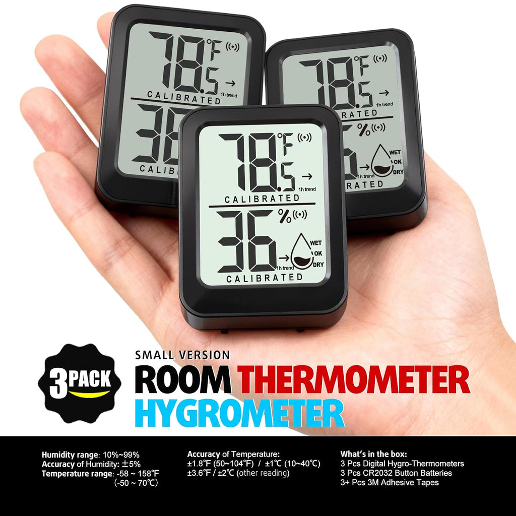 3 Pack Room Thermometer Indoor Hygrometer Digital Mini Humidity Meter Gauge With Temperature And Humidity Monitor Sensor For House, Pet, Plant, Incubator - Battery Included