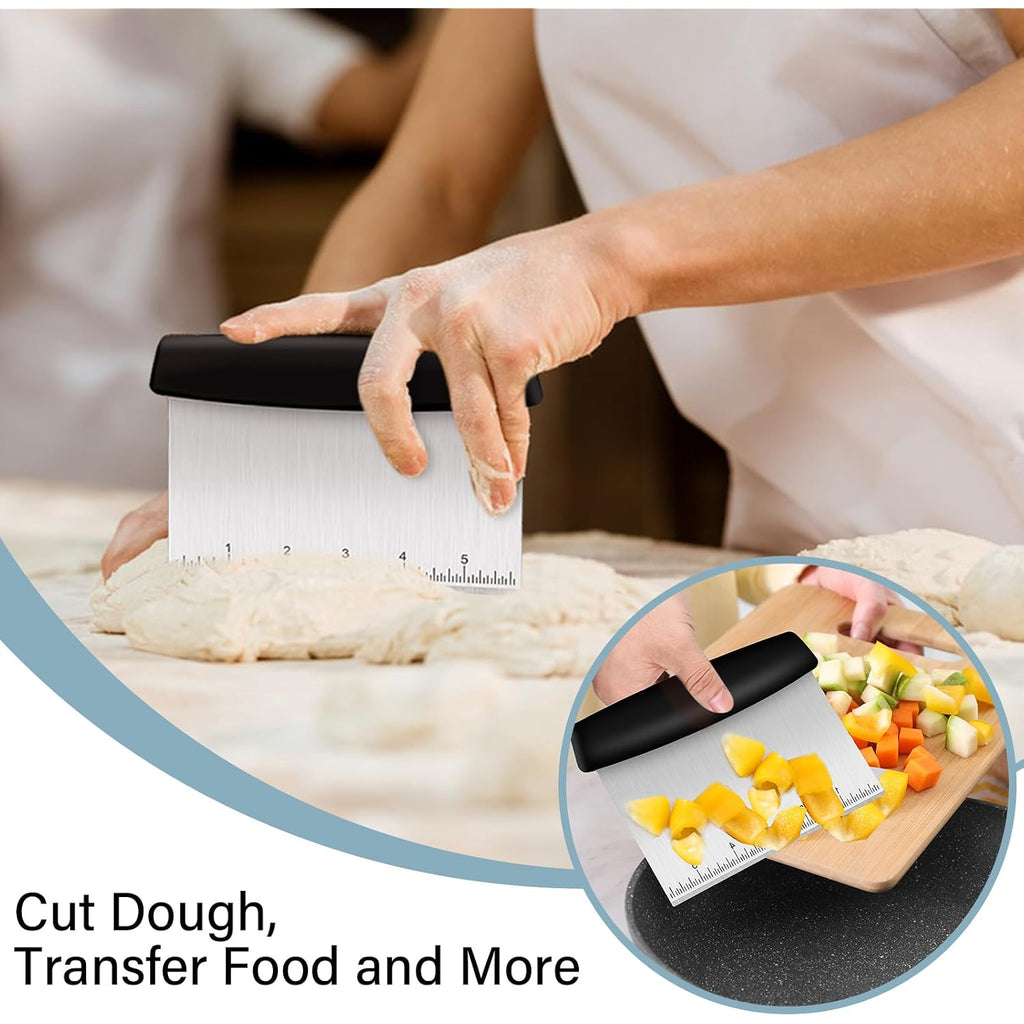Ecavria Bench Scraper, Premium Stainless Steel Dough Scraper With 2 Pcs Flexible Bowl Scraper, Dough Cutter With Measuring Scale, Versatile Kitchen Scraper Set For Pastry Bread Pizza Cake