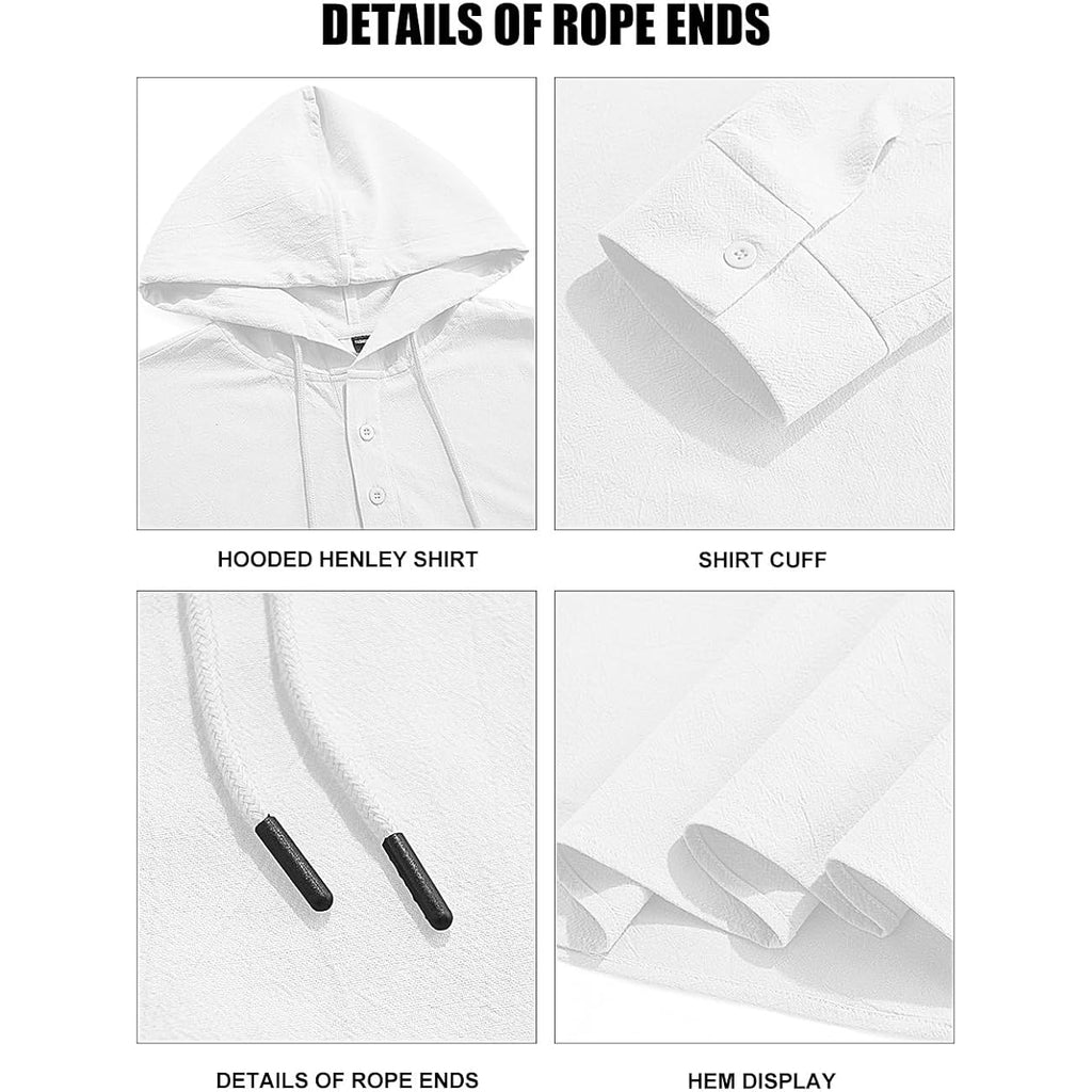 Men'S Cotton Linen Hoodies Casual Hooded Long Sleeve Button Down Shirts Lightweight Casual Hawaiian Beach Sweatshirts