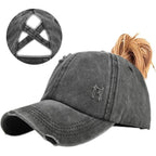 Enwokran Women Ponytail Hat Baseball Cap, Adjustable Criss Cross Messy Buns Ponycaps High Bun Cotton Distressed Hats Black