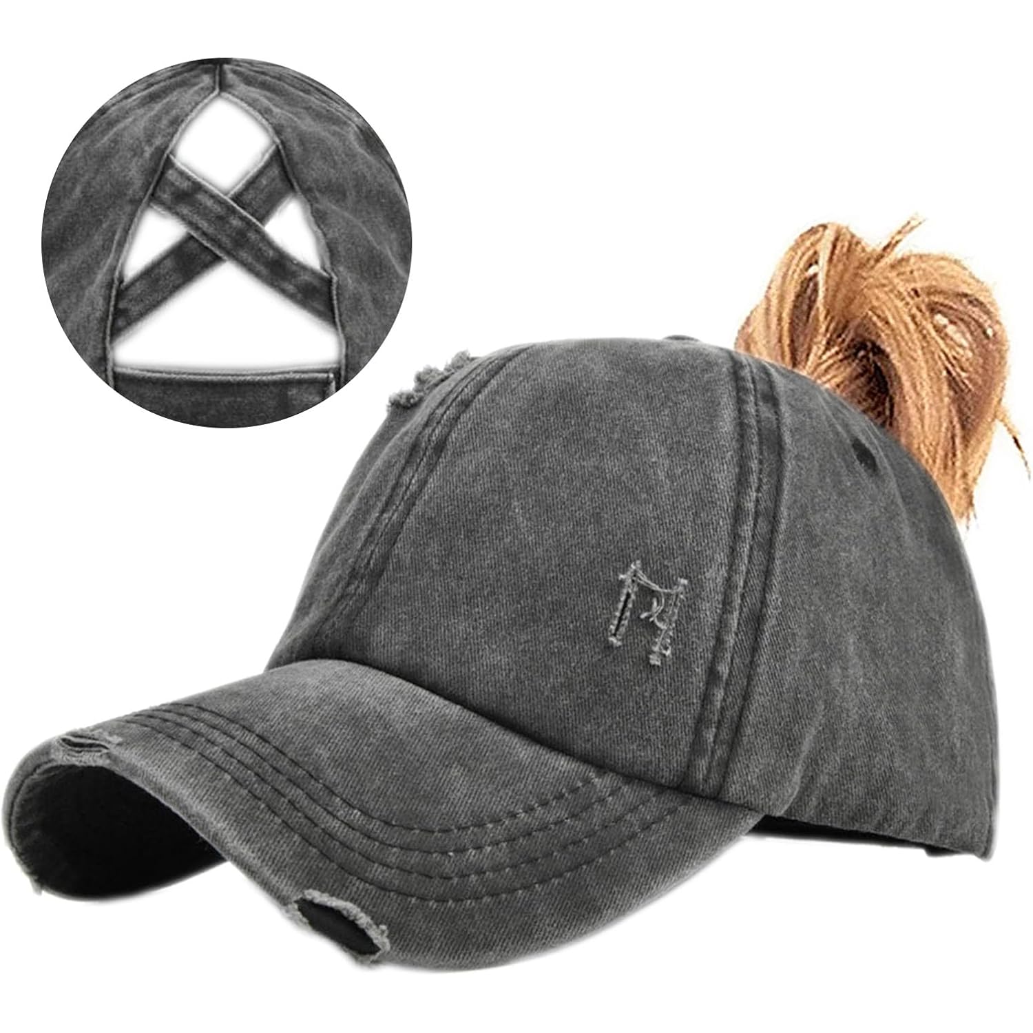 Enwokran Women Ponytail Hat Baseball Cap, Adjustable Criss Cross Messy Buns Ponycaps High Bun Cotton Distressed Hats Black