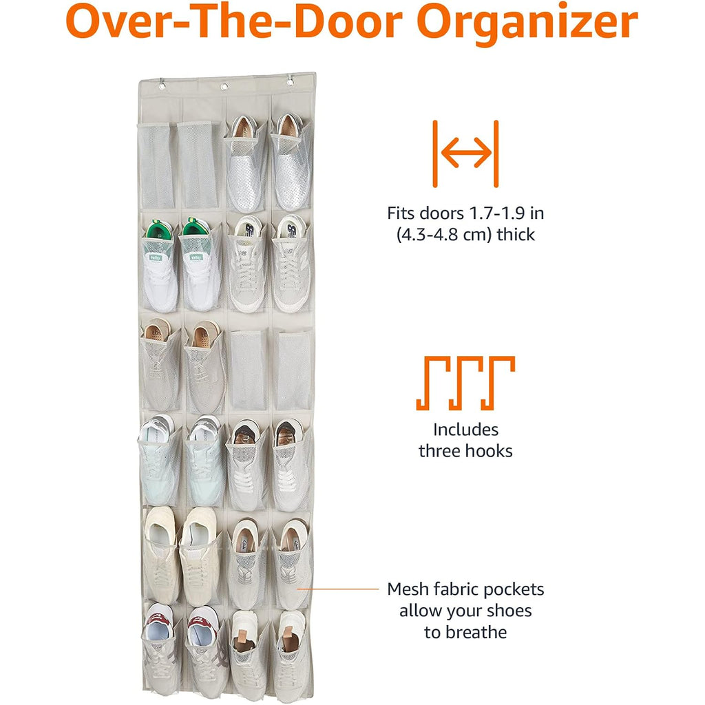 Amazon Basics 24 Medium Mesh Pocket Over-The-Door Hanging Shoe Organizer, Space Saving Shoe Storage, Light Grey | Over-The-Door