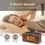 Anjank Wooden Digital Led Alarm Clock Fm Radio, Fast Wireless Charger Station For Iphone/Samsung Galaxy, 5 Level Dimmer, Usb Charging Port, 9 Sounds, Sleep Timer For Bedroom, Bedside, Desk