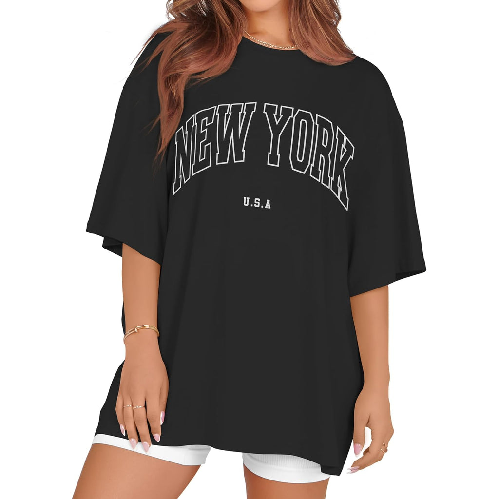 rosemia Oversized Tshirts for Women Summer Short Sleeve Round Neck Graphic Tee Shirt Black New York