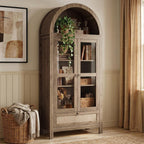 71" Tall Arched Pantry Cabinet With Innovative Drawer, Kitchen Cabinet With Anti-Tipping Device And Glass Door, Versatile Cupboard For Kitchen, Dining, Natrual