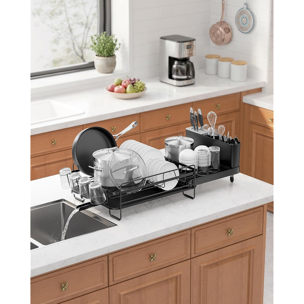 Kitsure Large Dish Drying Rack - Extendable Dish Rack, Multifunctional Dish Rack For Kitchen Counter, Anti-Rust Dish Drainers With Cutlery & Cup Holders 19.2"-26.7" L X 12.9" W, Black