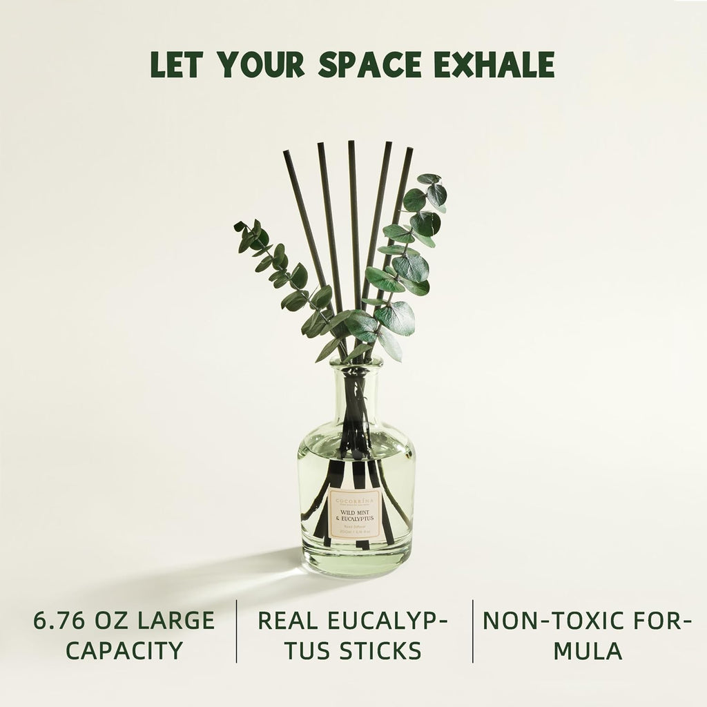 Wild Mint & Eucalyptus Reed Diffuser – 6.76 Oz Essential Oil With 8 Reeds & Real Eucalyptus Sticks, Home Fragrance For Bedroom Or Bathroom Décor