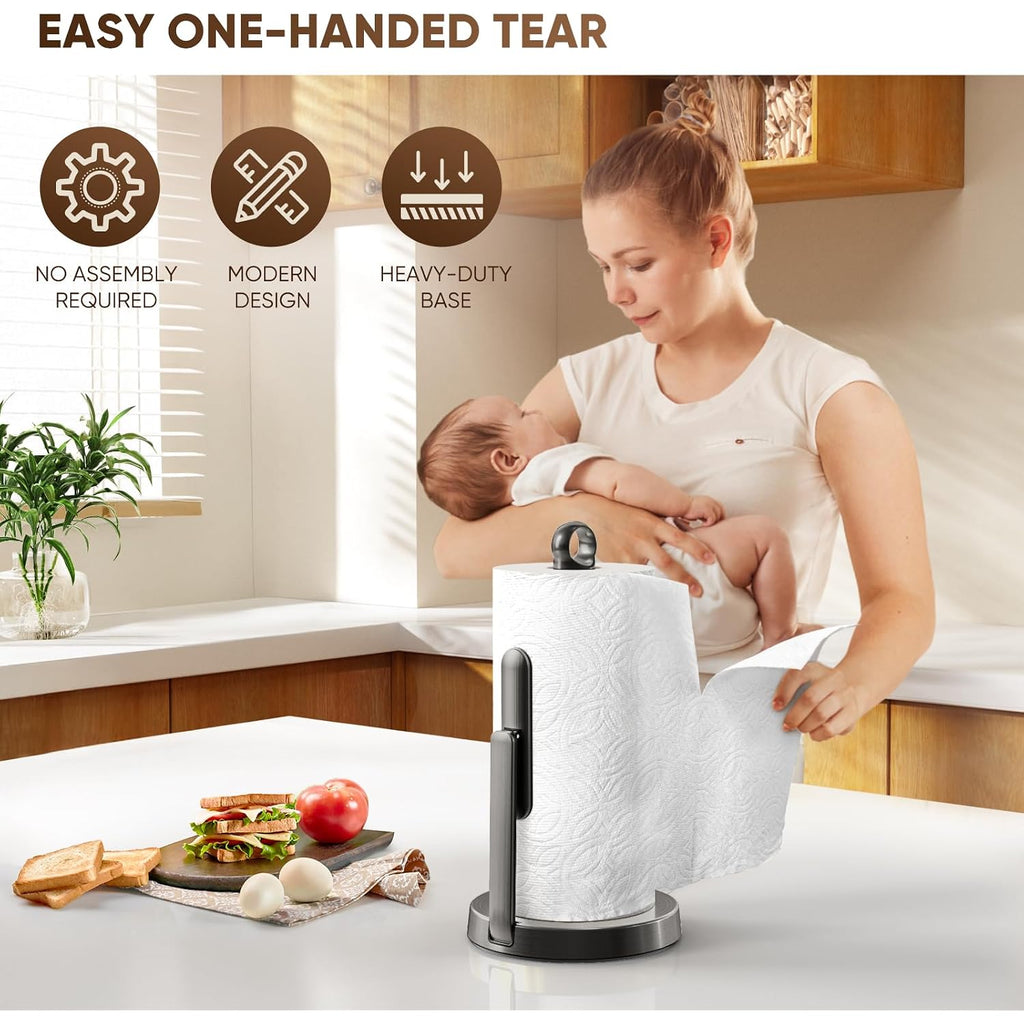 Heavy-Duty Stainless Steel Paper Towel Holder With Tension Arm – Easy One-Handed Tear, Modern Standing Countertop Dispenser For Kitchen, Holds All Paper Towel Rolls (1, Black)