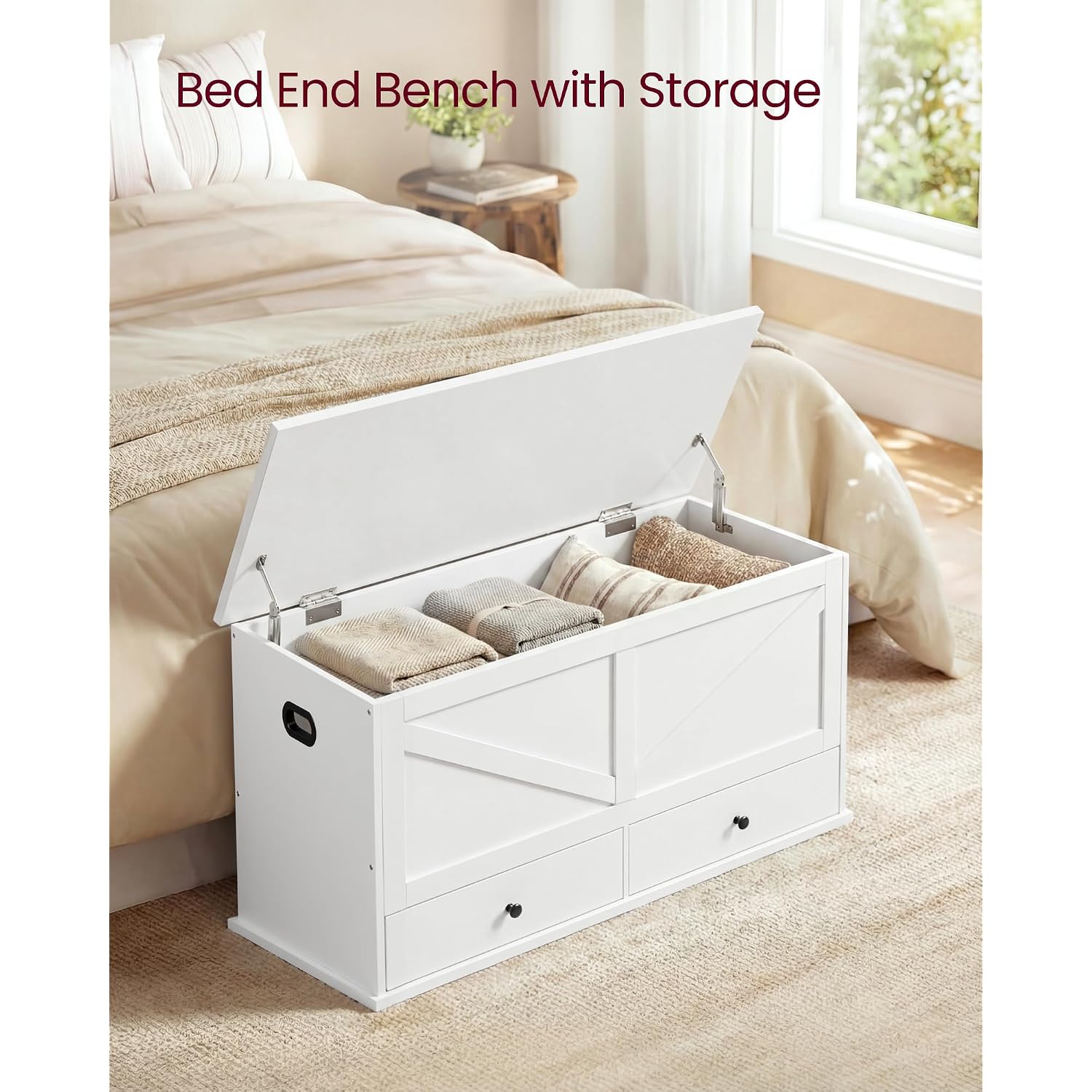 Vasagle Storage Chest, Storage Bench With 2 Fabric Drawers, Farmhouse Style, For Entryway, Bedroom, Living Room, 15.7 X 39.4 X 19.9 Inches, Cloud White Ulsb043W01
