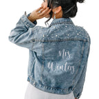 Custom Embroidered Bridal Denim Jacket, Women'S Pearl Denim Jacket With Name,Made Of Embroidery,Suitable For Bachelorette Party, Wedding,Honeymoon, Wedding Gift, Bridal Gift