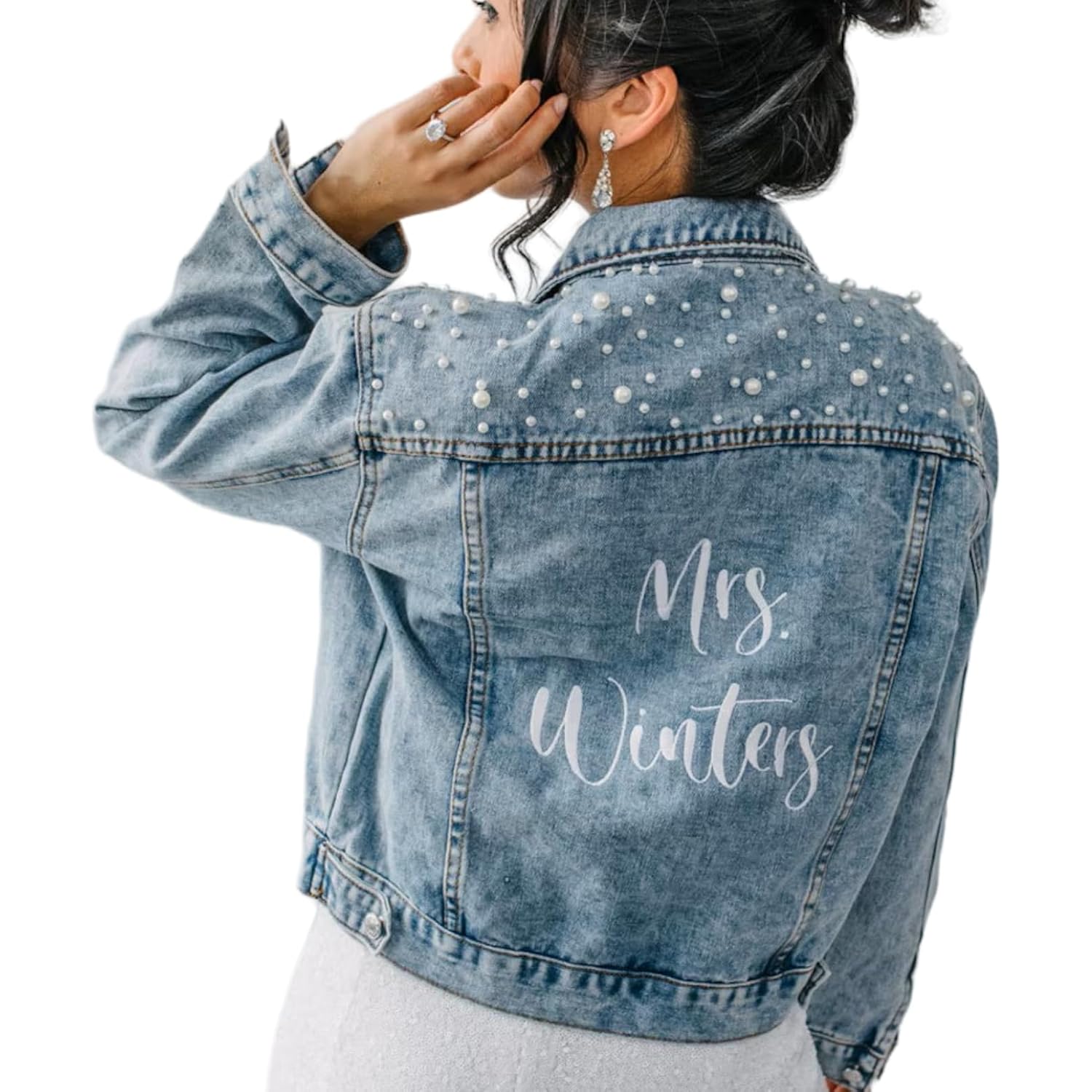 Custom Embroidered Bridal Denim Jacket, Women'S Pearl Denim Jacket With Name,Made Of Embroidery,Suitable For Bachelorette Party, Wedding,Honeymoon, Wedding Gift, Bridal Gift