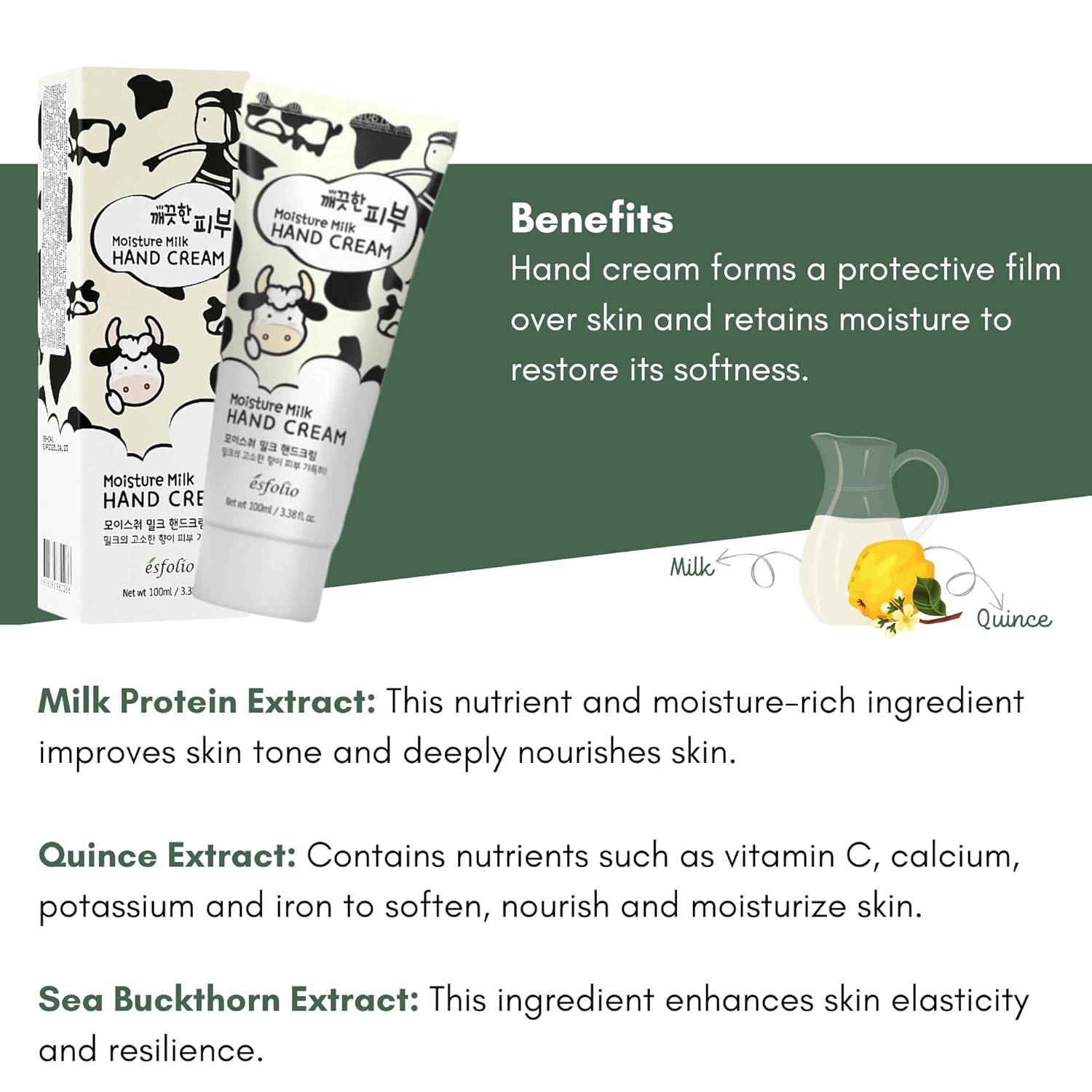 esfolio Pure Skin Moisture Milk Hand Cream – Hydrating & Nourishing Hand Moisturizer with Milk Protein Extract, Soften Dry Skin, Non-Greasy, Daily Moisturizer for Soft & Smooth Hands (3.38 OZ/100ML)