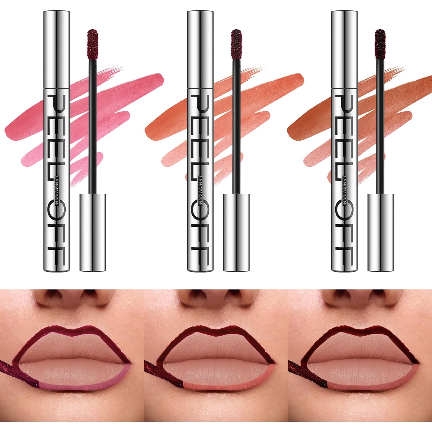 LANGMANNI 3 Colors Long-Lasting Peel Off Lip Liner Set, Waterproof & Smudge-Proof Matte Lip Liners Gift Makeup For Girls (#1+2+3)