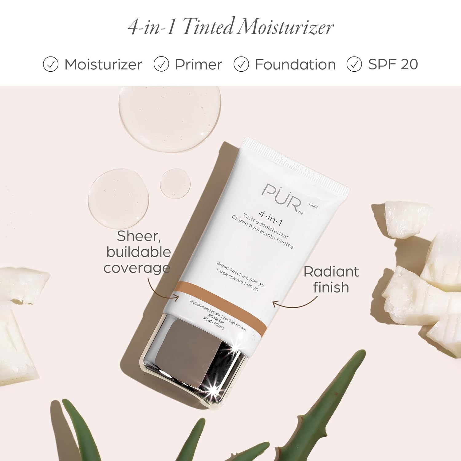 PÜR MINERALS 4-in-1 Tinted Moisturizer With SPF 20 - Hydrating Face Moisturizer, Primer, & Foundation With Shea Butter, Aloe Vera & Vitamin B3 - Vegan Friendly - Free of Paraben, Gluten & BPA