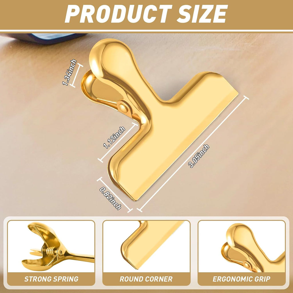 Funfery Chip Clips Bag Clips Gold Stainless Steel Clip For Food Storage,Air Tight Seal Chip Bag Clip 3 Inch Strong Food Clipp For Snack,Chips,Kitchen Decor,Home&Office Paper Heavy Duty-8 Pack