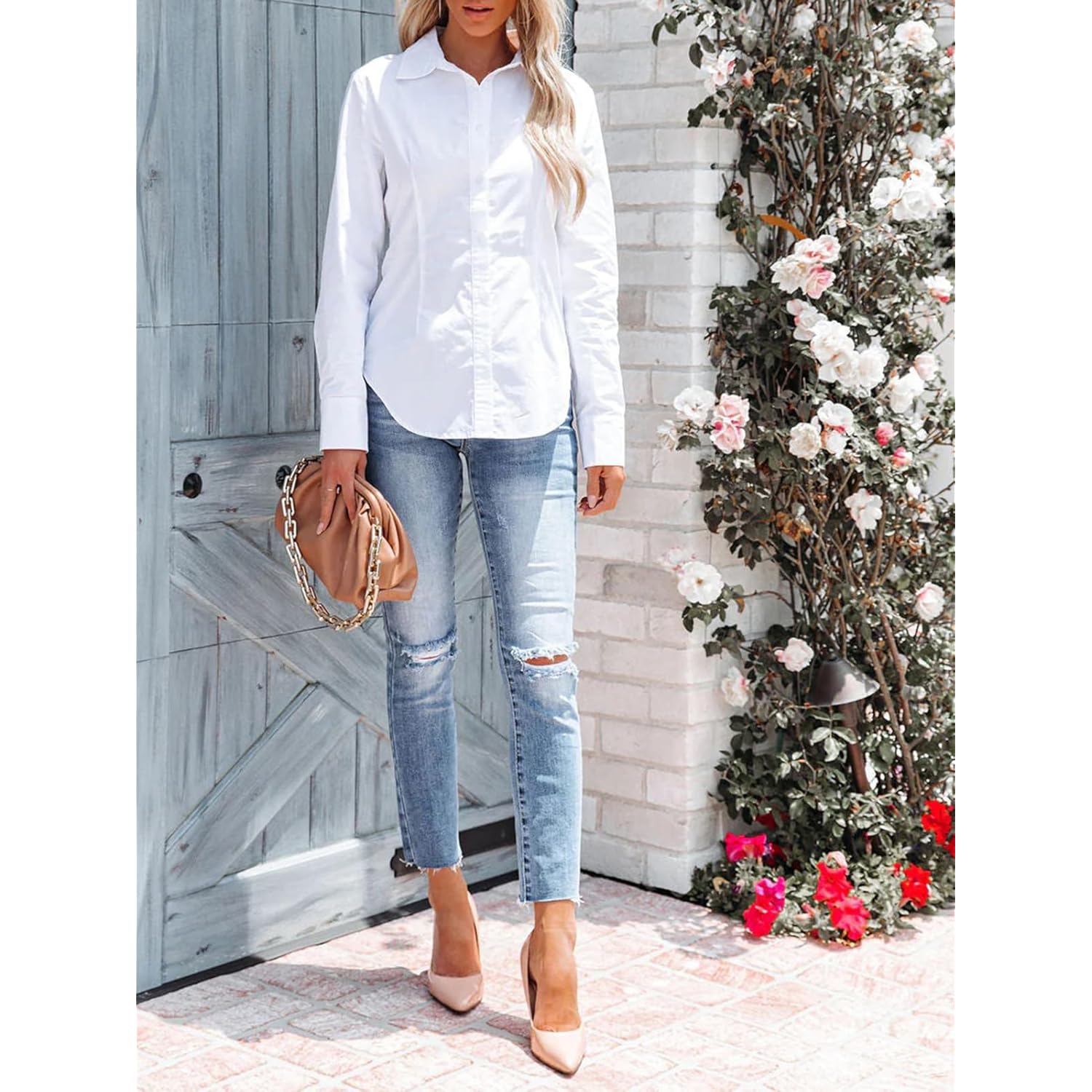 Women's Button Down Shirts Long Sleeve Dress Shirts Wrinkle Free Collared Work Office Solid Blouses Corset Tops