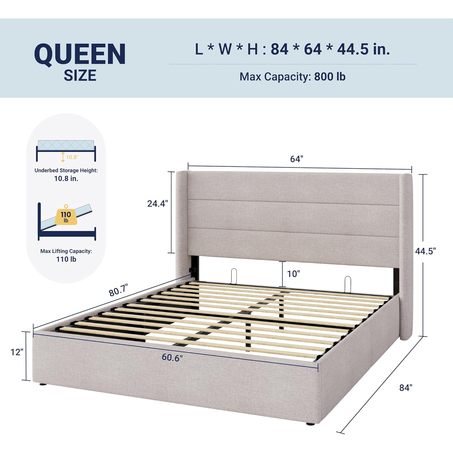Allewie Queen Size Lift Up Storage Bed, Modern Wingback Headboard, Hydraulic Support, No Box Spring Needed, Light Beige