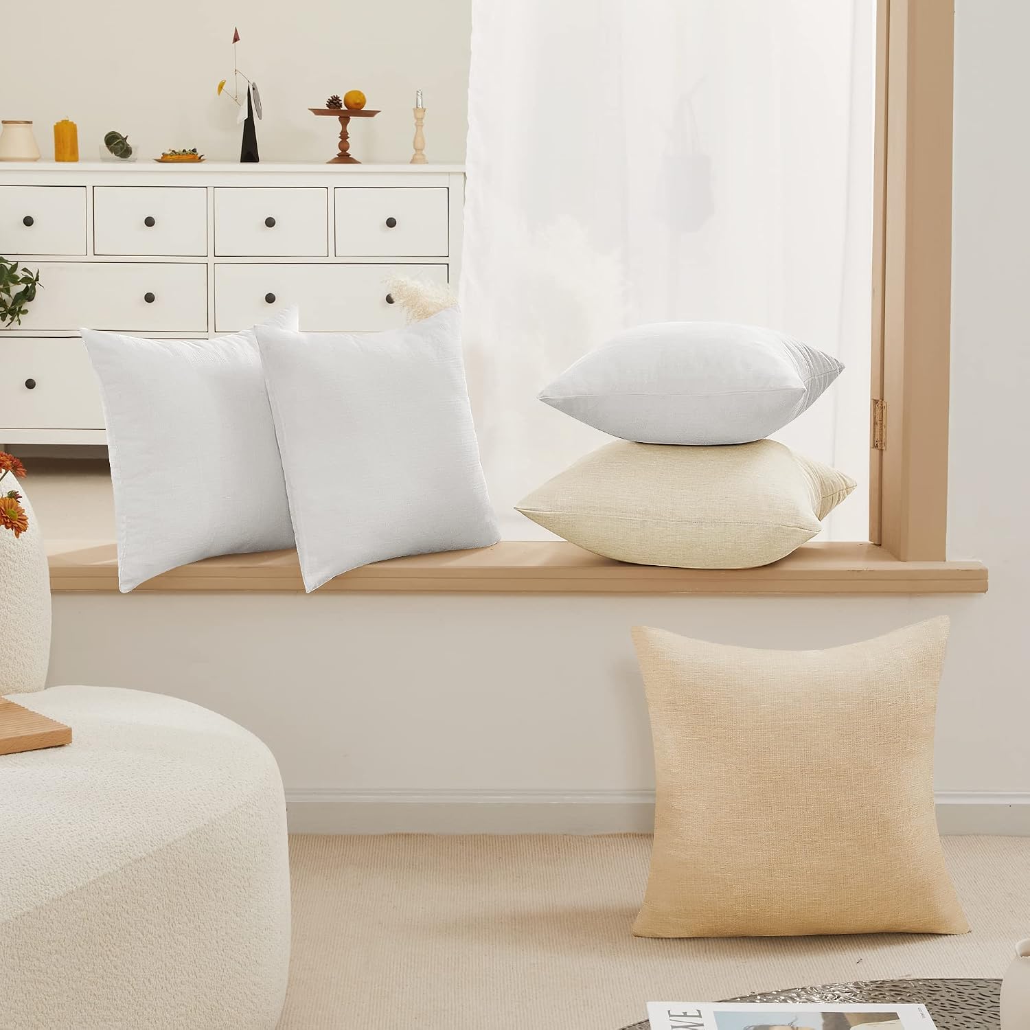 Deconovo Throw Pillow Covers 18 X 18 Inch Set Of 4, Covers Only No Insert, Faux Linen Decorative Square Pillowcases With Hidden Zipper For Couch Sofa Bed Living Room, Natural White (Warm Off-White)