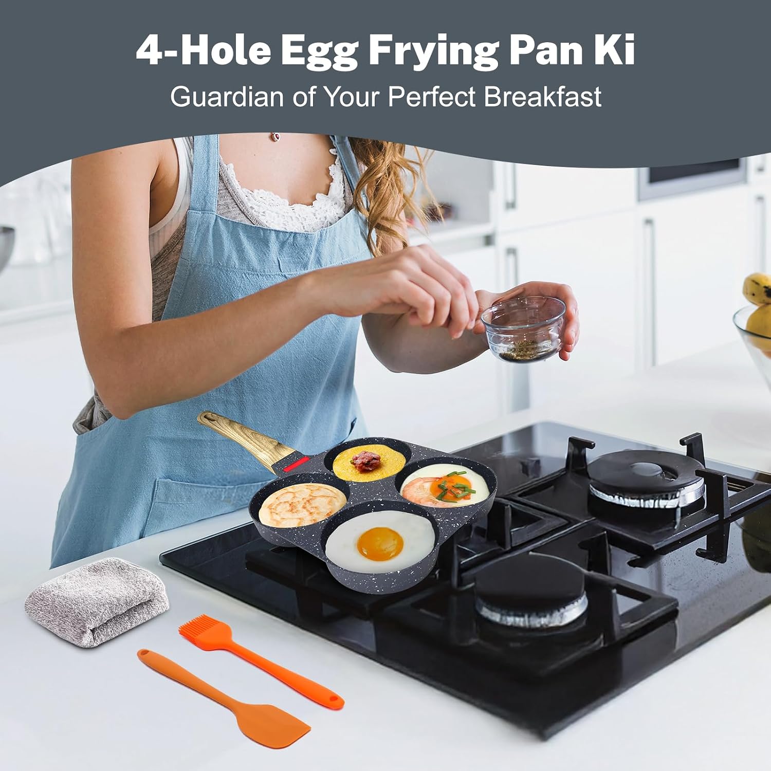 4‑Cup Nonstick Egg Pan Set With Lid – Aluminum Omelette Skillet For Breakfast, Includes Silicone Scraper, Oil Brush, Chopsticks & Cleaning Cloth – Compatible With Gas & Induction Cooktops (Black)
