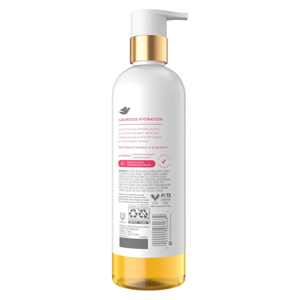 Dove Serum+ Shower Oil Body Wash Dewy, Coconut & Geranium Oil, 15.3 Fl Oz I Hydrating Shower Oil Body Wash With Glycerin Serum For Soft, Dewy Skin Without Greasy Residue