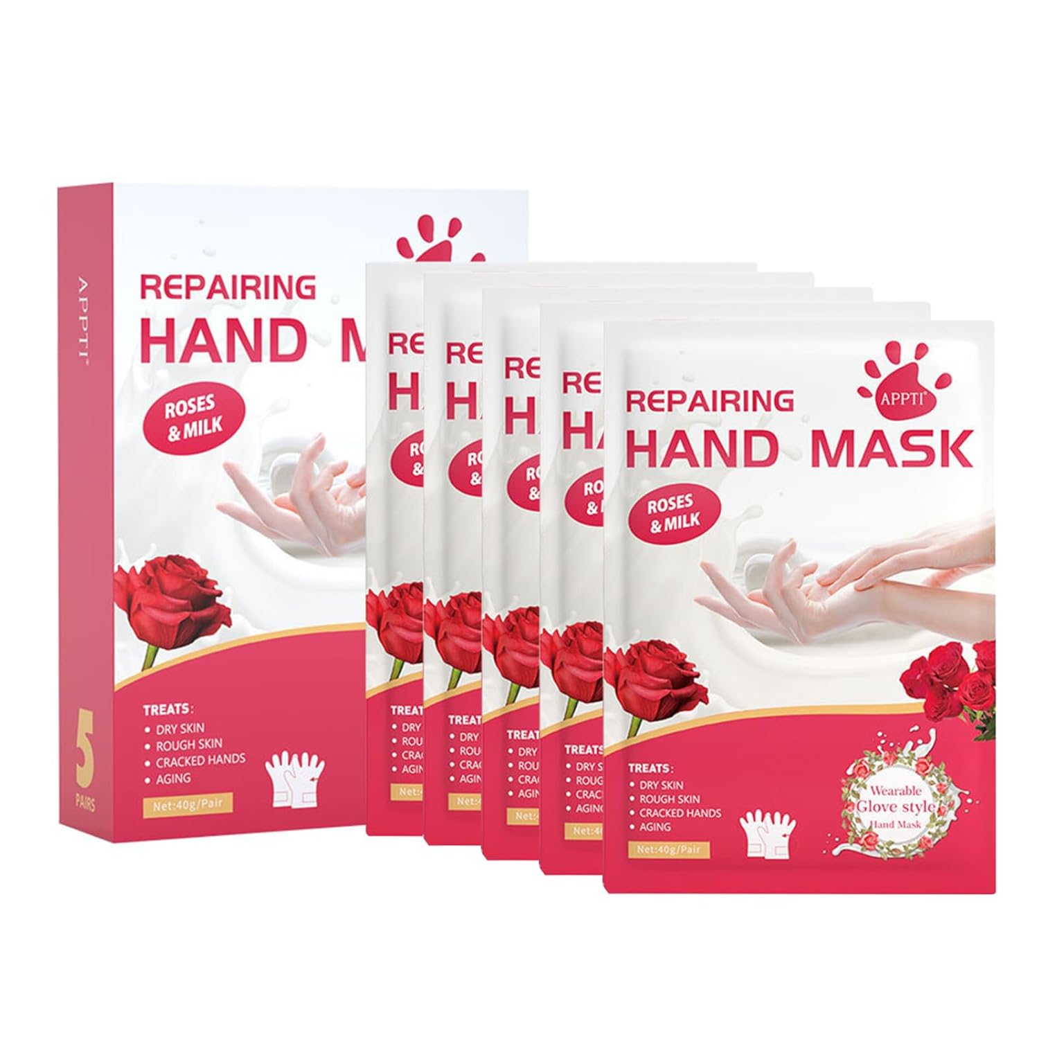 VolksRose 5 Pairs Hand Mask Gloves with Rose & Milk - Moisturizing Hand Mask for Dry Cracked Hands Overnight Repair Treatment, Intensive Hydration Spa Gloves for Women, Self Care Gifts for Rough Skin