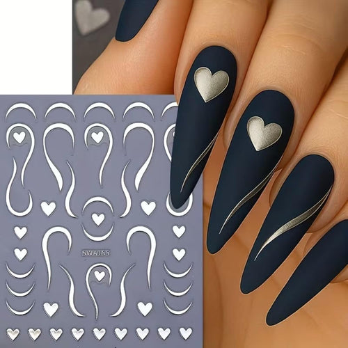 6PCS Valentines Nail Art Stickers Gold Silver Heart Nail Decals 3D Self-Adhesive French Nail Stickers Love Curved Lines Nails Art Accessories Valentine Nail Supplies for Women DIY Manicure Decorations