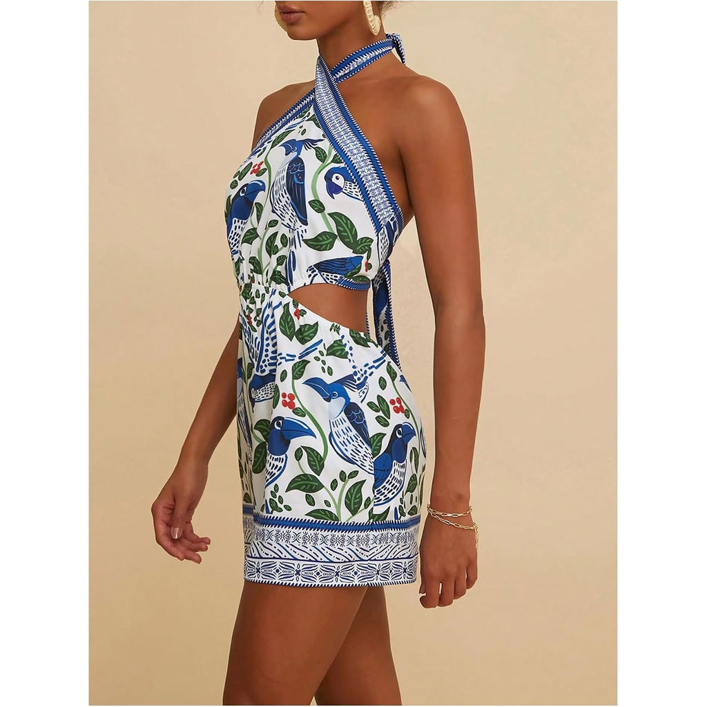 Makemechic Women'S Boho Mini Dress Summer Beach Vacation Halter Dresses Floral Sundress
