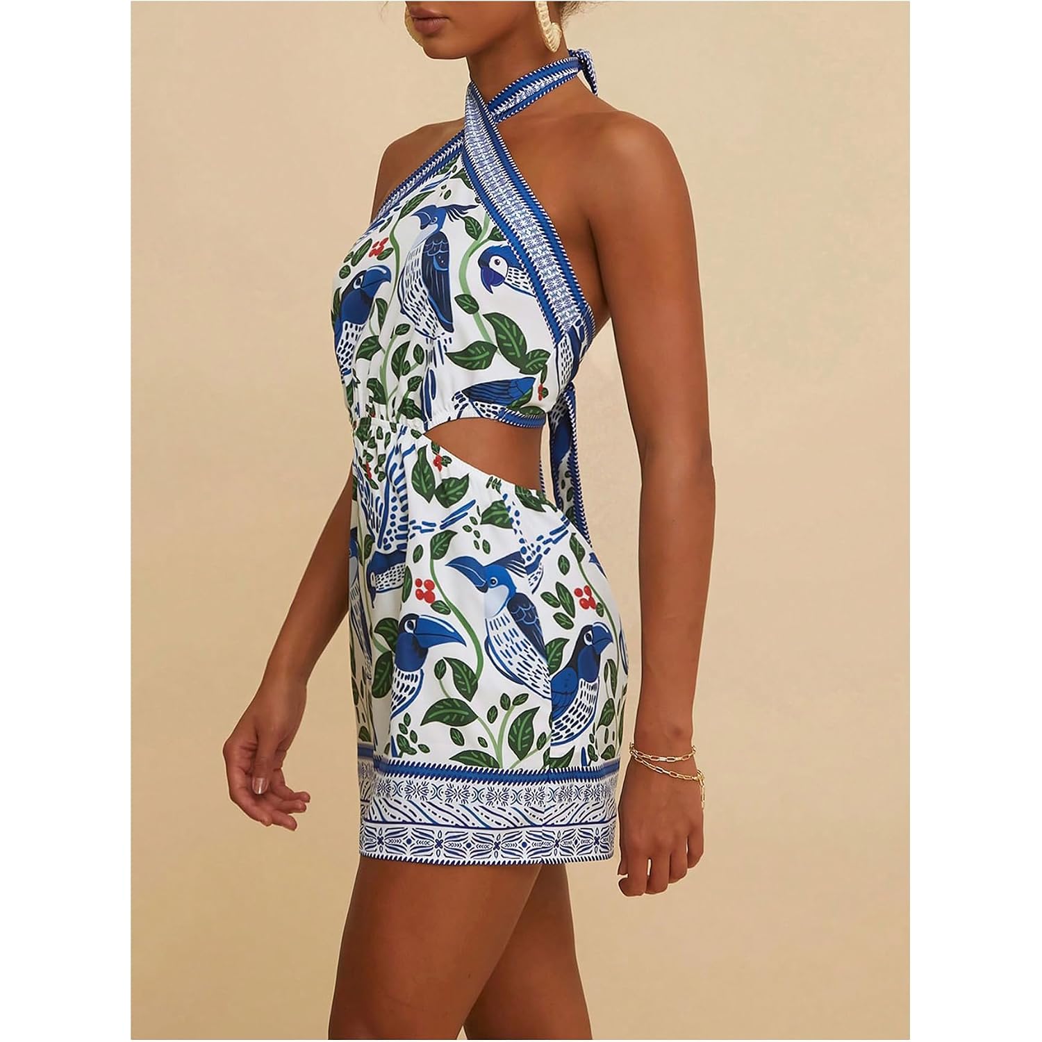 Makemechic Women'S Boho Mini Dress Summer Beach Vacation Halter Dresses Floral Sundress