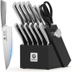 Imarku 14-Piece Knife Block Set, Knife Set With Block And Build-In Sharpener, Japanese Stainless Steel Knife Set For Lasting Sharpness, Dishwasher Safe, Black