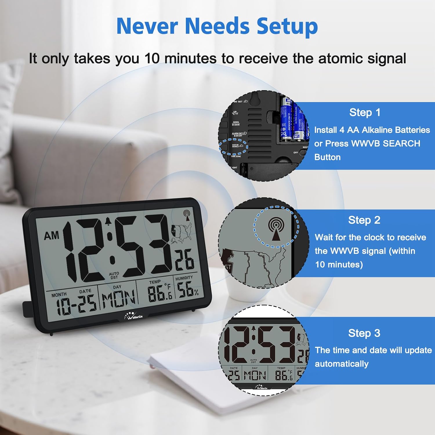 Atomic Wall Clock With Backlight, Digital Wall Clock Battery Operated For Classroom, Bedroom, Office, Large Display With Indoor Temperature, Humidity, Date, Auto Dst, 6 Time Zones