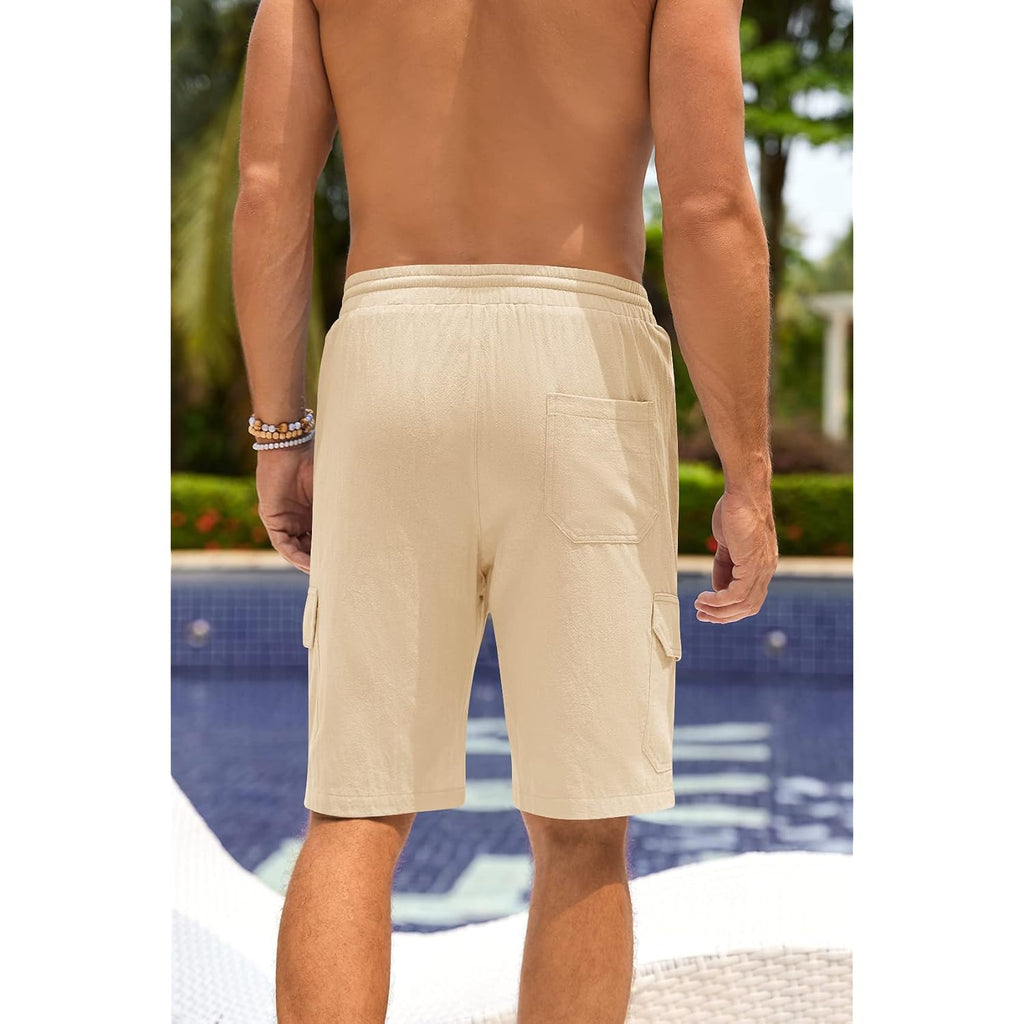 Mens Cotton Linen Shorts Casual Elastic Waist Drawstring Lightweight Summer Beach Cargo Shorts